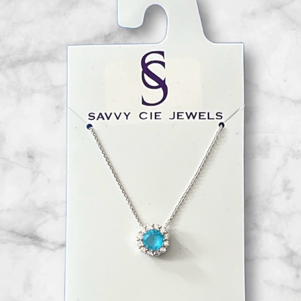 Savvy Cie Necklace Blue Topaz Lobster Clasp 18” Chain Pendant Rhodium Jewelry